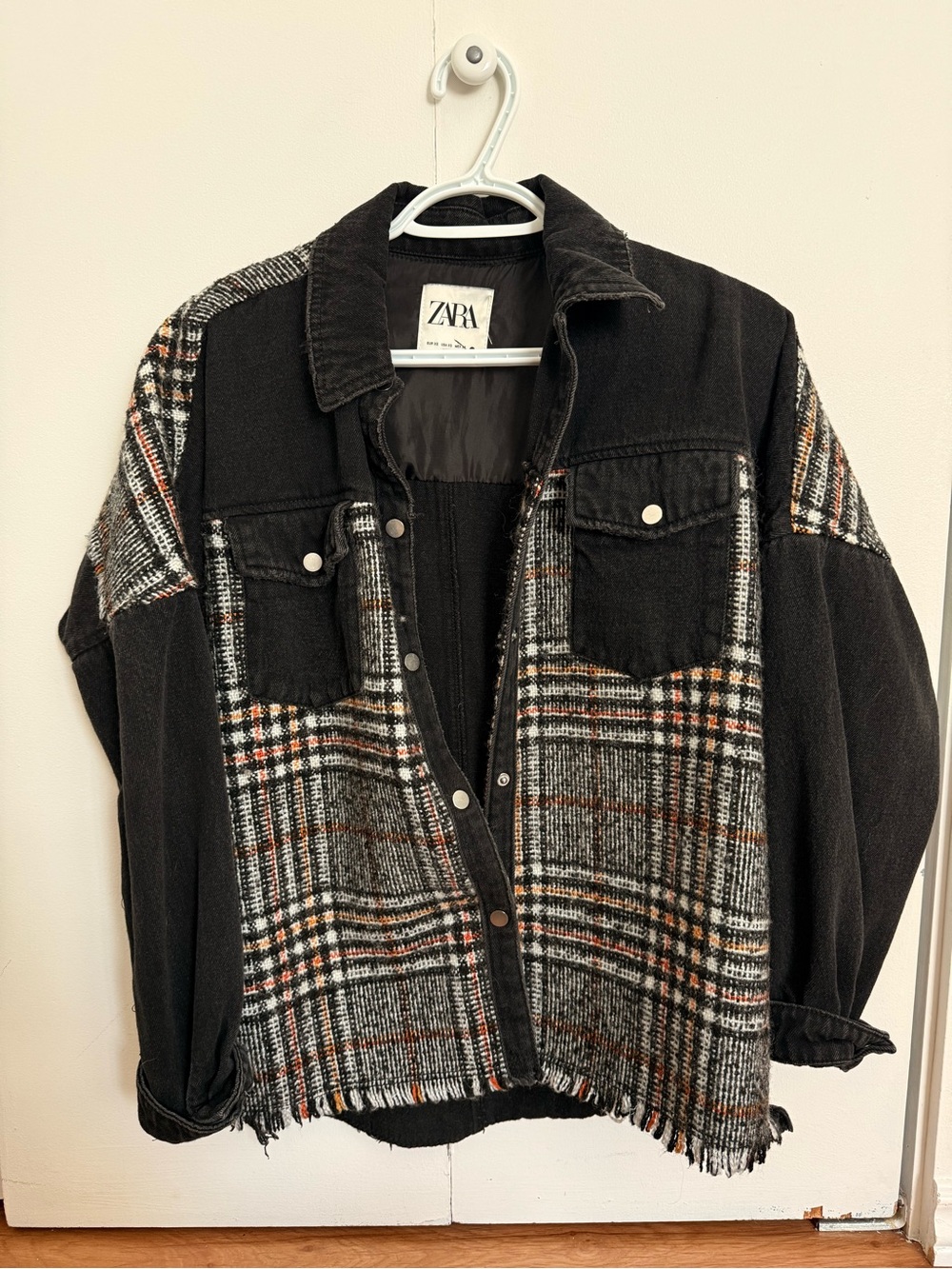 Zara Black Plaid Mixed-Media Jean Jacket